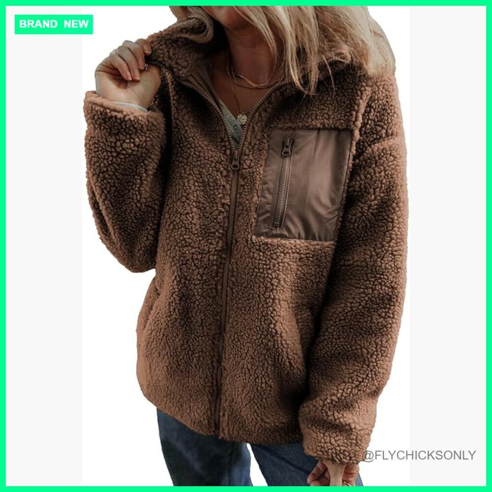 Women's Full Zipper Fleece Jacket Long Sleeve Relaxed Fit Teddy Coat